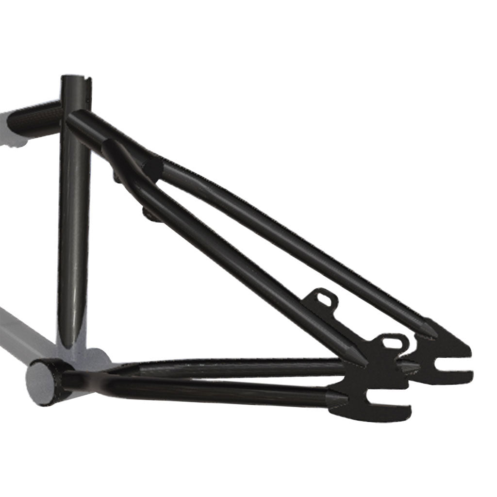 The S&M Mad Dog (Chris Moeller) Disc 20 Inch Frame is an American-made black metal bicycle frame with a custom triangular rear structure, a cylindrical seat tube, and disc brake compatibility.