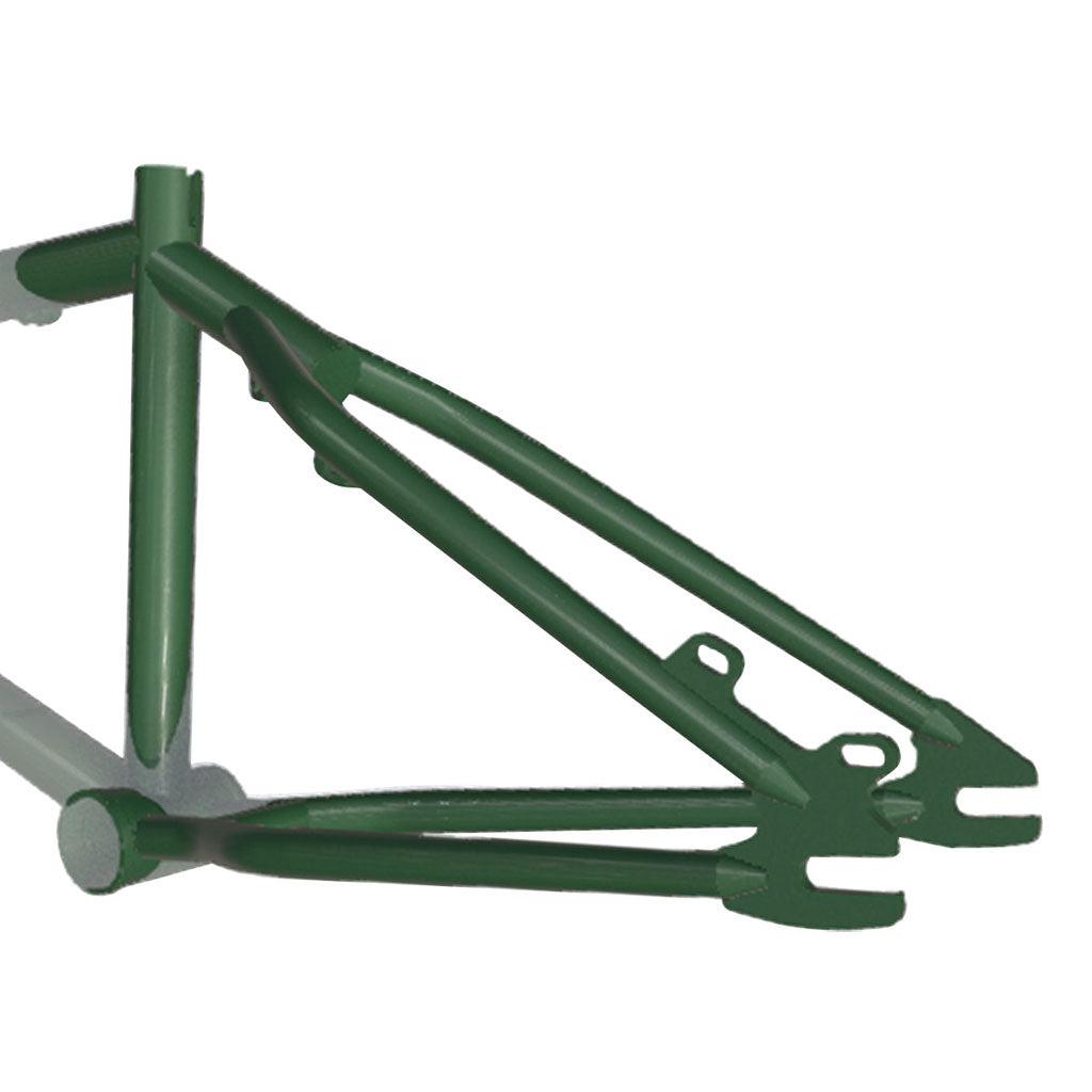 The S&M Mad Dog (Chris Moeller) Disc 20 Inch Frame is a custom-crafted, American-made green metal bicycle frame, shown from the side, without wheels or components.