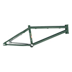 The S&M Mad Dog (Chris Moeller) Disc 20 Inch Frame is an American-made green bicycle frame with a small logo near the top tube, custom-crafted to integrate disc brakes for superior stopping power.