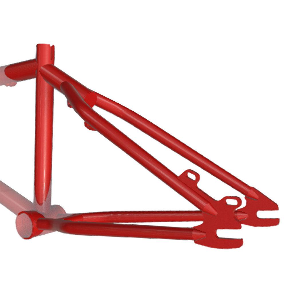 The S&M Mad Dog (Chris Moeller) Disc 20 Inch Frame, in red, features rear triangles and dropouts visible for disc brakes, showcased on a white background.