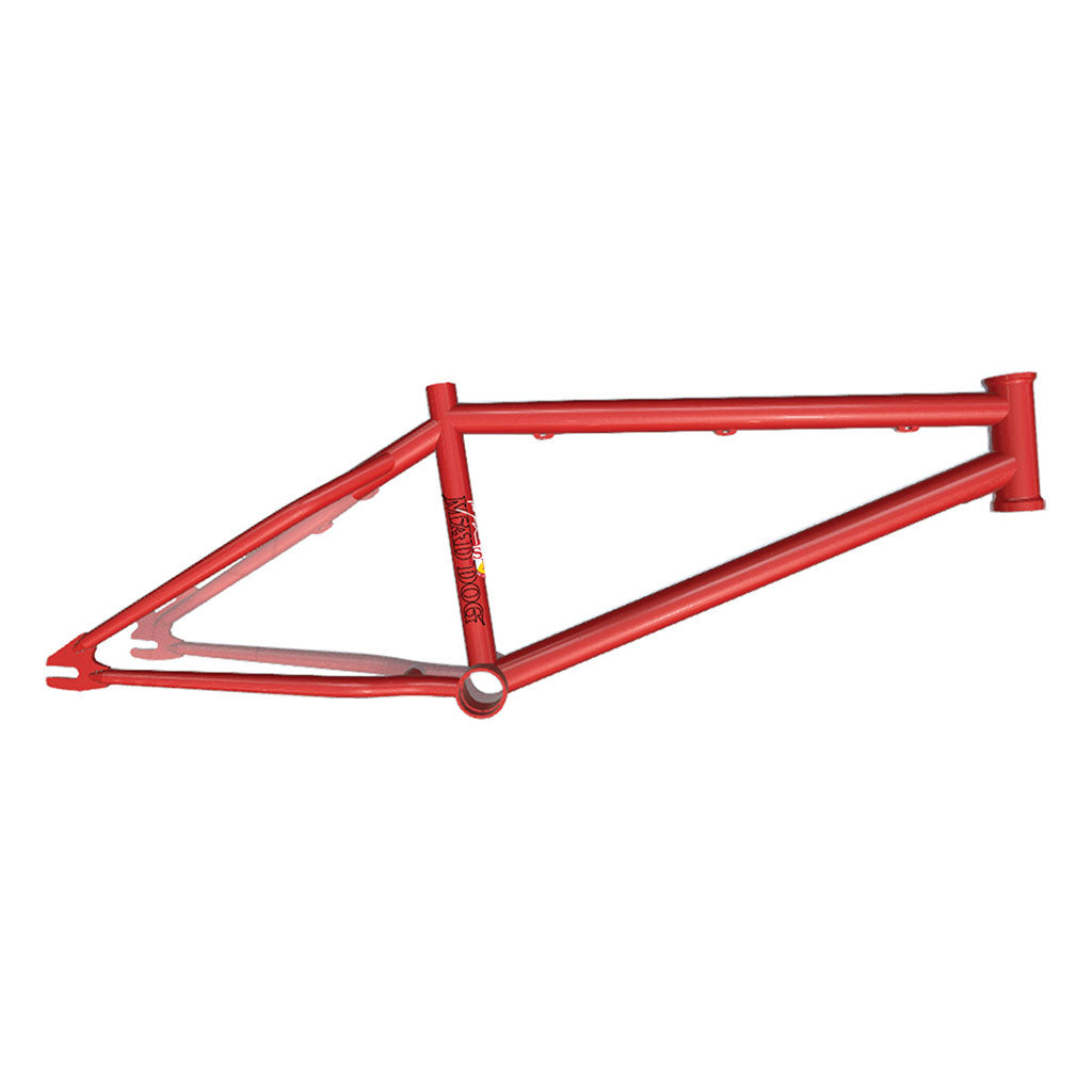 Custom-crafted S&M Mad Dog (Chris Moeller) Disc 20 Inch red BMX frame on a white background.