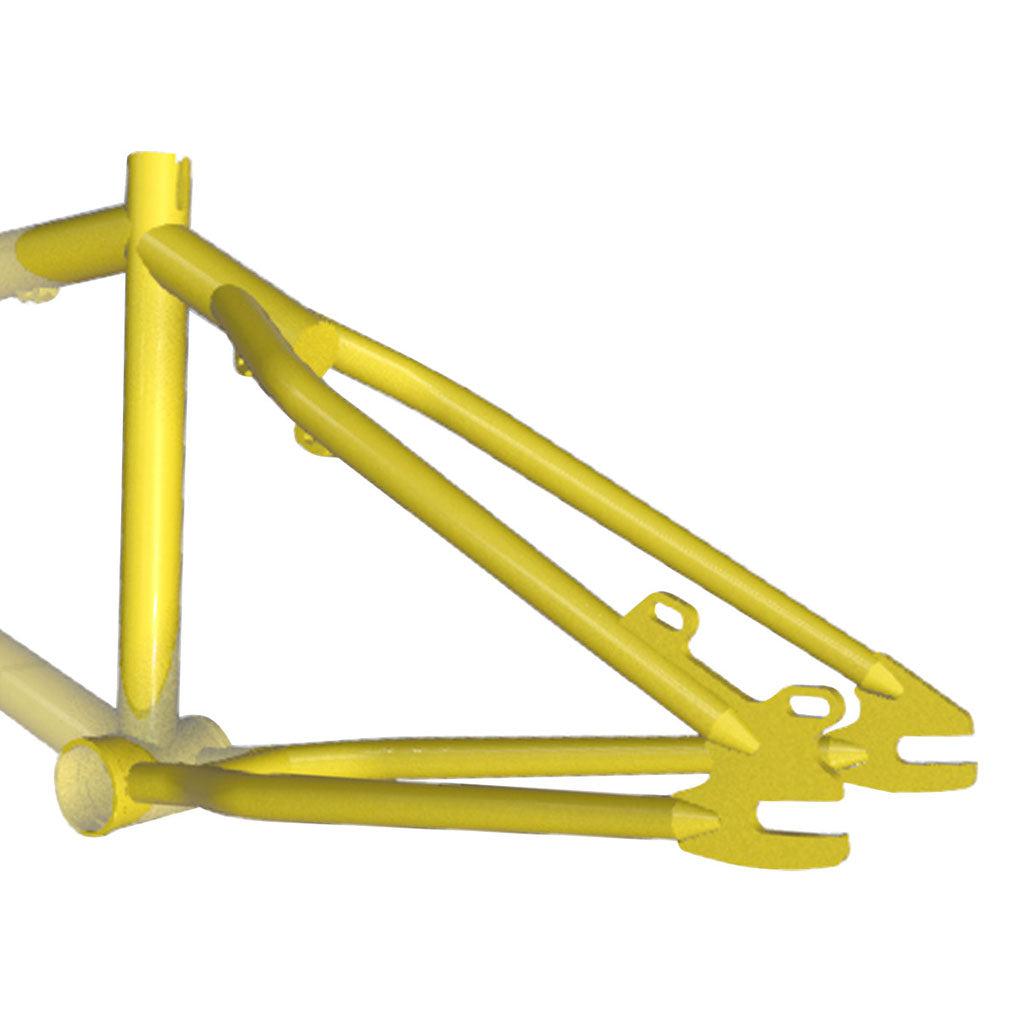 The S&M Mad Dog (Chris Moeller) Disc 20 Inch Frame highlights its American-made quality with a yellow rear triangle featuring custom dropouts for precision and an elegant design that accommodates disc brakes.