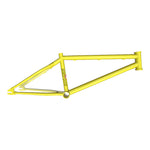 The S&M Mad Dog (Chris Moeller) Disc 20 Inch Frame, an American-made yellow BMX frame with branding on the top and seat tubes, is elegantly showcased against a white background.