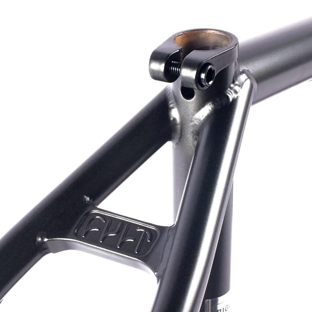 Close-up of the Cult Biggie Frame (Devon Smilie Signature) features street geometry with a seat post clamp and rear triangle elegantly engraved with the manufacturer's logo.