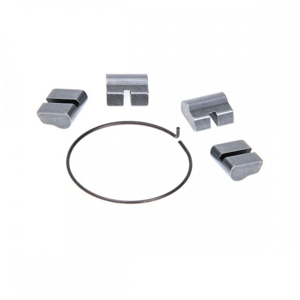 EXCESS Cassette Mechanism Spring & Pawl Kit featuring four grey metal brake pad retaining clips and a circular snap ring is displayed on a white background, highlighting steel spring precision.