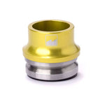 The Merritt High Top Headset is a gold and silver cylindrical metal component with a logo on the gold section, featuring integrated headset technology.