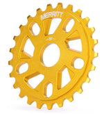 Yellow Merritt Ackerman Sprocket 25-tooth CNC’d 6061 aluminium BMX bike sprocket isolated on a white background.