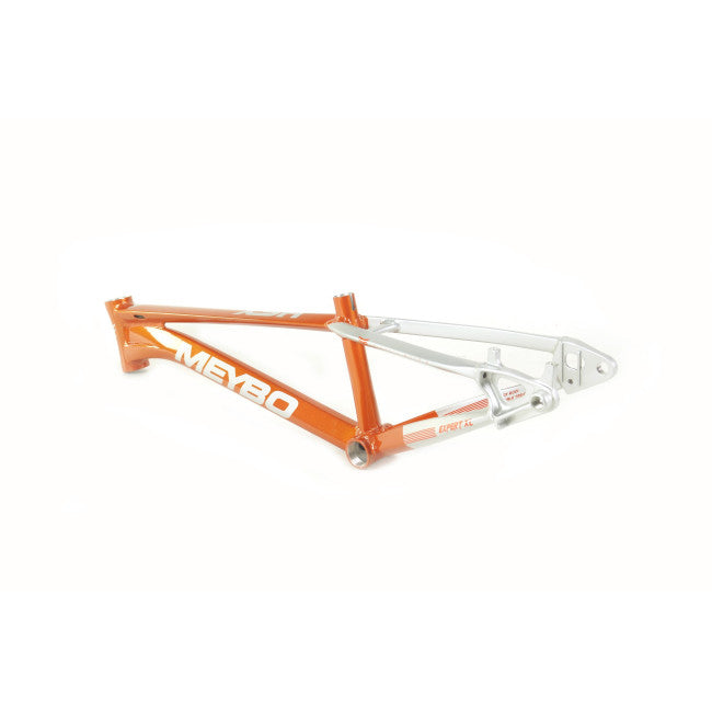 An orange and silver bicycle frame labeled "Meybo 2023 HSX Frame Pro 22.5," featuring 6061 T-6 hydroformed tubing for durability and precision.