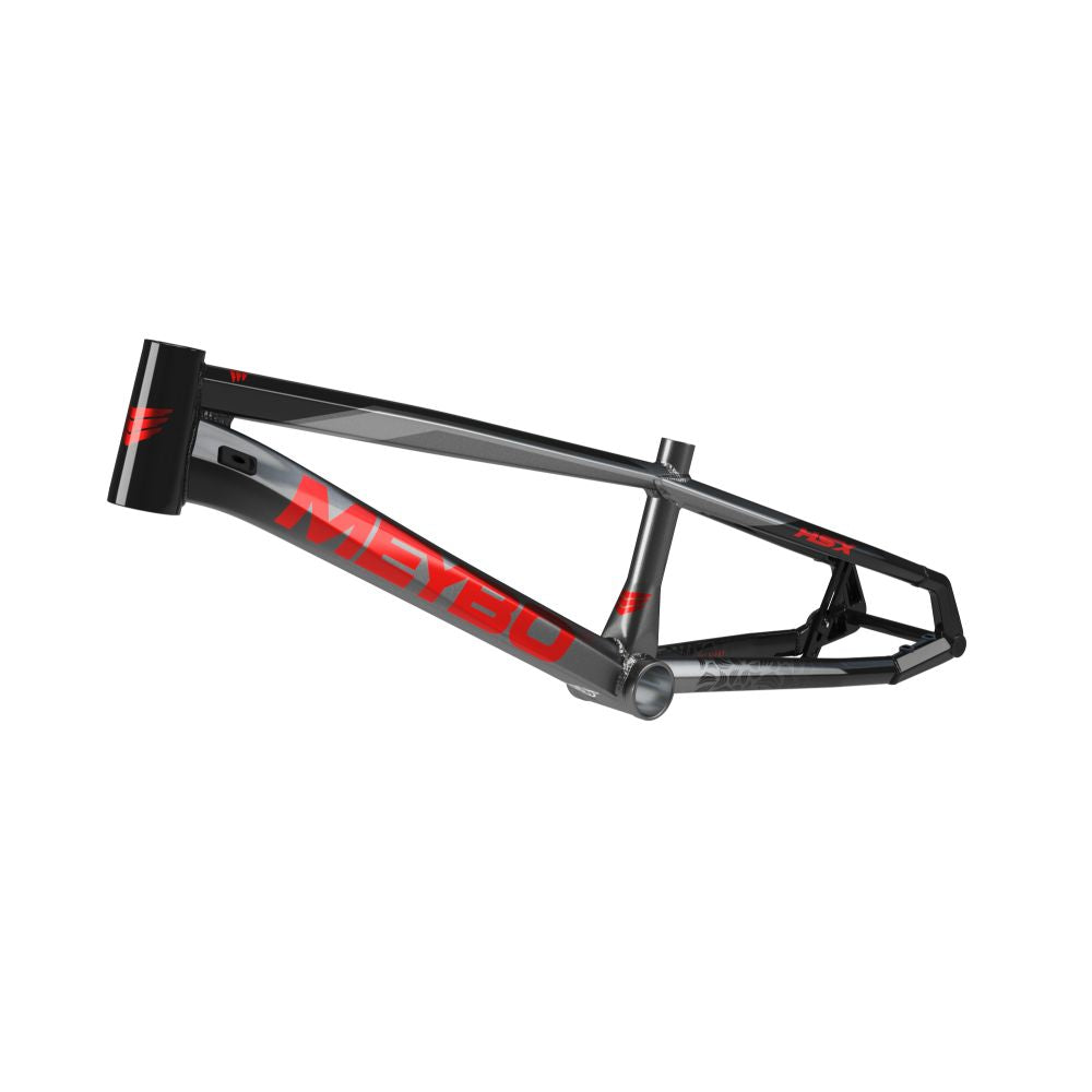 The Meybo 2025 HSX Alloy Pro L Frame features a sleek gray and red aluminum design set against a crisp white backdrop, capturing the UCI circuit spirit.