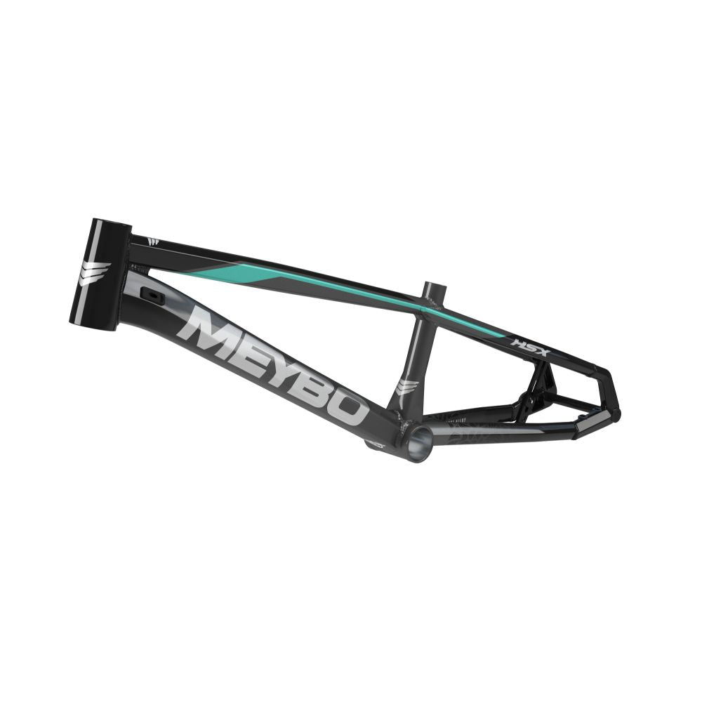 The Meybo 2025 HSX Alloy Pro L frame, in black and teal with "HSX" branding on the top tube, is perfect for conquering the UCI circuit thanks to its lightweight aluminum construction.