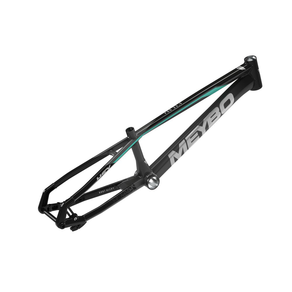 The Meybo 2025 HSX Alloy Pro L Frame features a sleek, linear black design with the brand name prominently displayed on the side, making its sturdy aluminum frame ideal for tackling the UCI circuit.