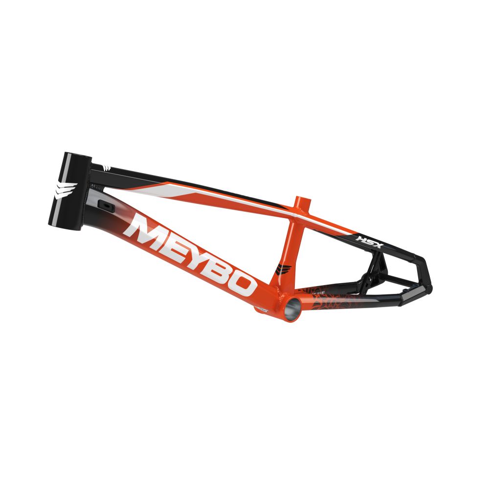 The Meybo 2025 HSX Alloy Pro L Frame bicycle in orange and black features a distinctive angular design with its name in white text. Crafted from aluminum, this model is a standout on the UCI circuit.