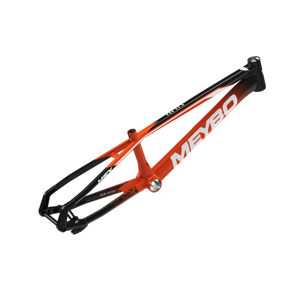 The Meybo 2025 HSX Alloy Pro L Frame, in orange and black with "MEYBO" on the side, is showcased against a white background. This sleek aluminum frame is ideal for dominating the UCI circuit.