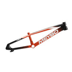 The orange and black Meybo 2025 HSX Alloy Pro L BMX bike features a sleek aluminium frame, ideal for the UCI circuit, with "Meybo" prominently displayed on its side.