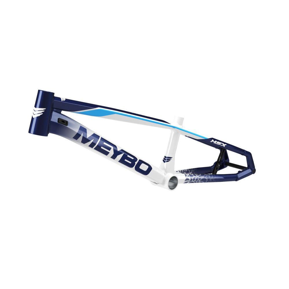 The Meybo 2025 HSX Alloy Pro L Frame, known on the UCI circuit, features a bold angular design with "MEYBO" branding in blue and white. Crafted from premium aluminium, it has a sleek finish highlighted by a distinctive logo at the front.