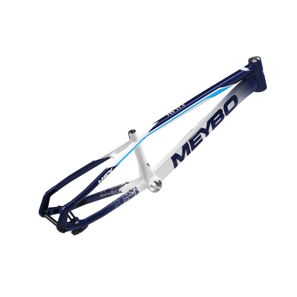 The Meybo 2025 HSX Alloy Pro L features a sleek blue and white aluminum frame for the UCI circuit, with "Meybo" prominently displayed.