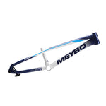 The Meybo 2025 HSX Alloy Pro L Frame is a blue and white bicycle frame with "HLX" and "MEYBO" on the sides, featuring a durable aluminum design, ideal for the UCI circuit, isolated on a white background.