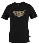 The Meybo Flight T-Shirt showcases a stylish geometric gold emblem on the chest and includes a subtle black tag with an orange accent on the side, designed for youth sizes and perfect for those who enjoy sleek fashion.