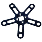 The Calculated Racing VSR R Series 5 Bolt Crank Spider 110bcd is a CNC machined spider made from durable 6061 aluminum, featuring a black bracket with five arms extending from a central square hole, with circular holes at each arm's end to accommodate VSR M4 Mini Cranks.