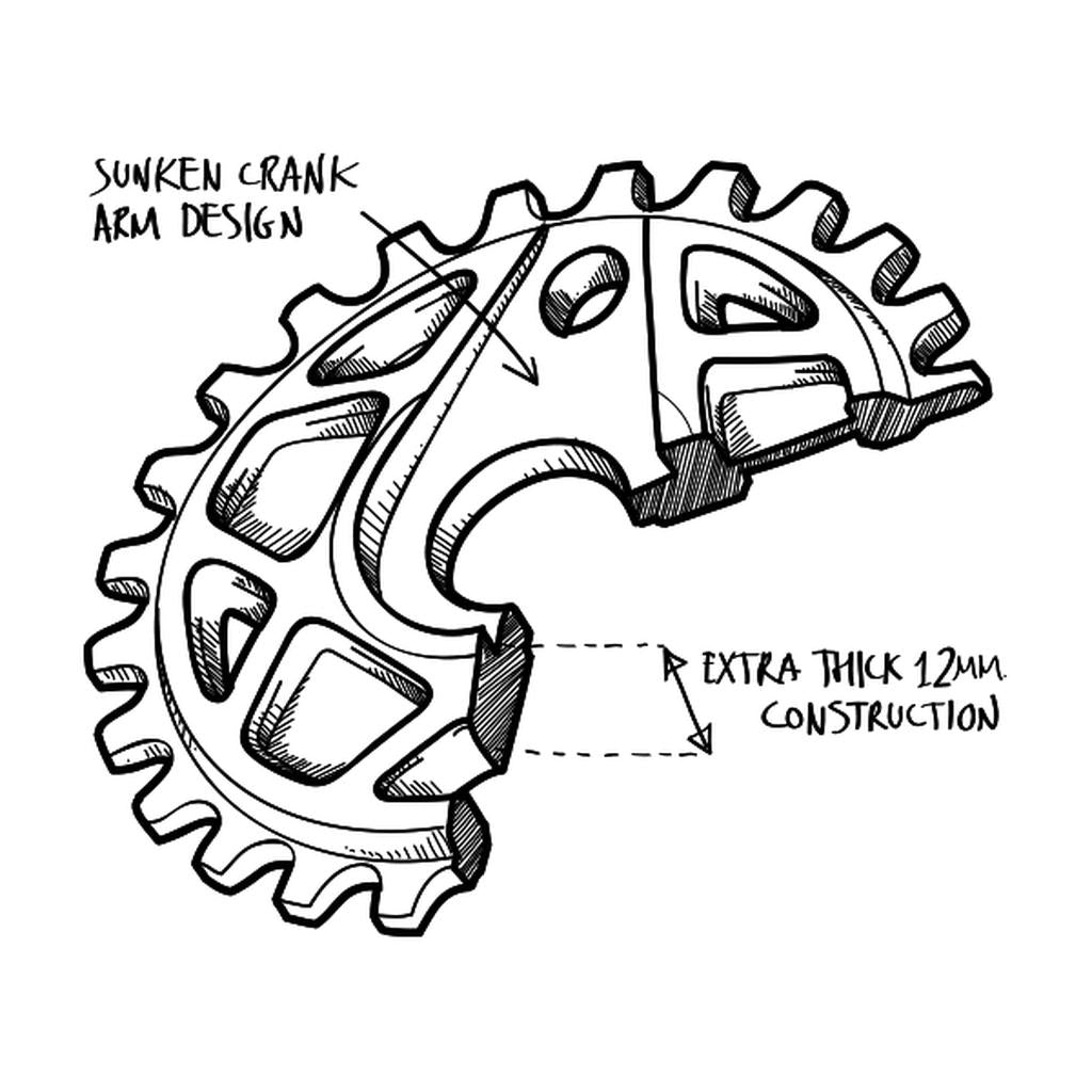 Illustration of the Fly Bikes Tractor XL Sprocket, showcasing text annotations that highlight a sunken crank arm design and robust 12mm construction with durable 6061 Aluminum.