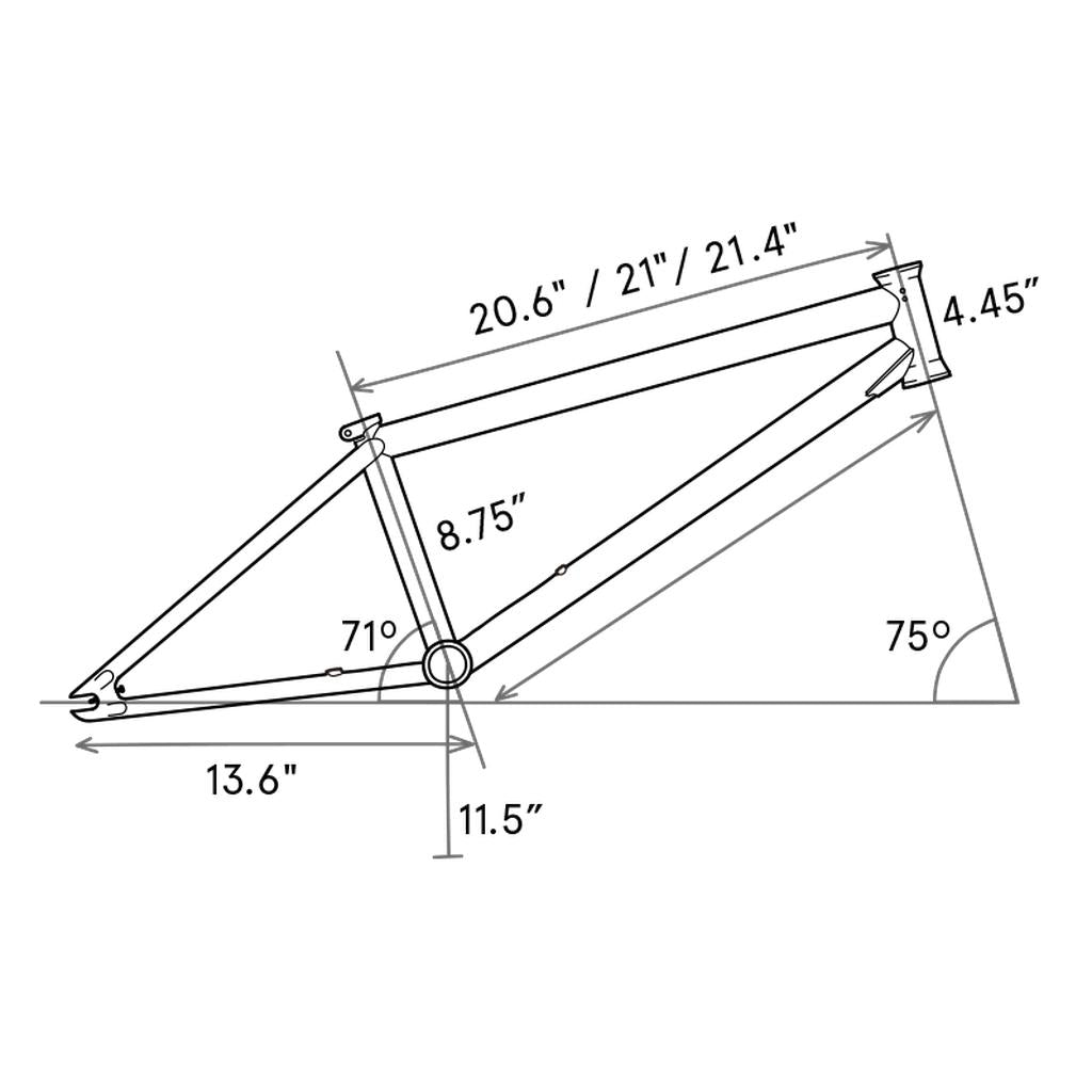 The Fly Bikes Sierra Frame diagram shows dimensions: top tube 20.6"/21"/21.4", head tube 4.45", seat tube angle 71°, frame angle 75°, bottom bracket 11.5", chainstay 13.6", and seat tube length 8.75". Made from durable 4130 CrMo with investment cast components for enhanced performance.