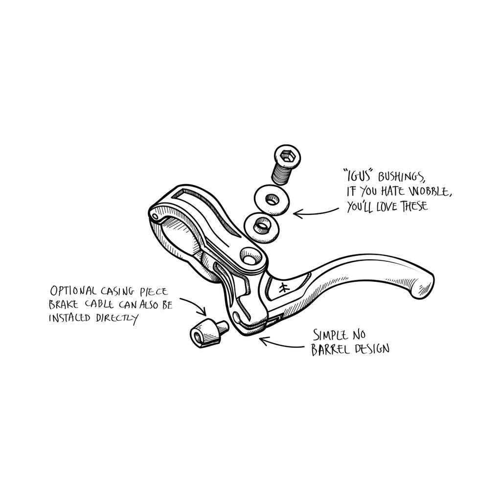 Illustration of the Fly Bikes Manual CNC Brake Lever assembly with labeled parts: optional casing, Igus polymer bushings with humorous note, and a simple barrel design featuring a CNC lever made from durable 6061-T6 Aluminum.