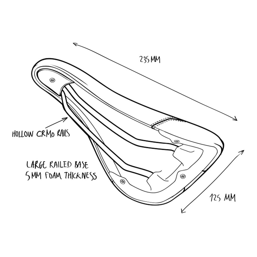 Illustration of the Fly Bikes Motosierra Railed Seat bicycle saddle, 235mm long and 125mm wide, featuring hollow CrMo rails, a large-railed base, and 5mm foam padding wrapped in durable synthetic leather.