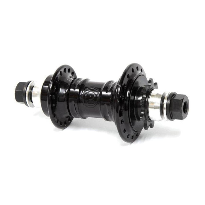 The Profile Mini Rear Cassette Hub in black, made from lightweight aluminum with multiple spoke holes, stands against a white background—ideal for BMX enthusiasts seeking both reliability and style.