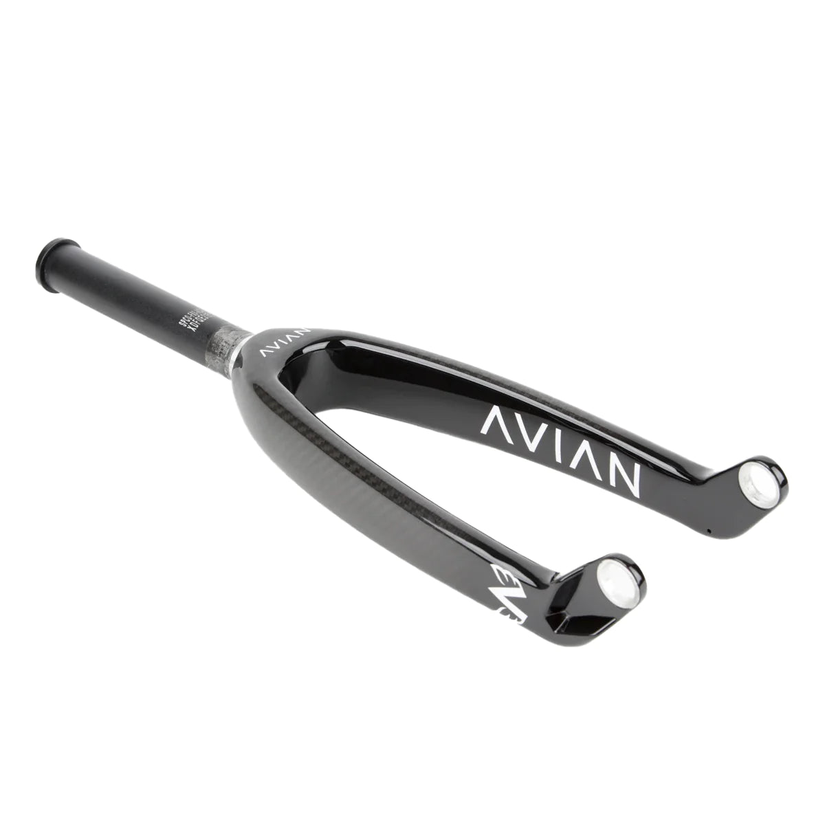 The Avian Versus Pro Carbon Fork 20 Inch, featuring a glossy black finish and tapered legs, is adorned with the "AVIAN" logo and is ideal for BMX racing frames.