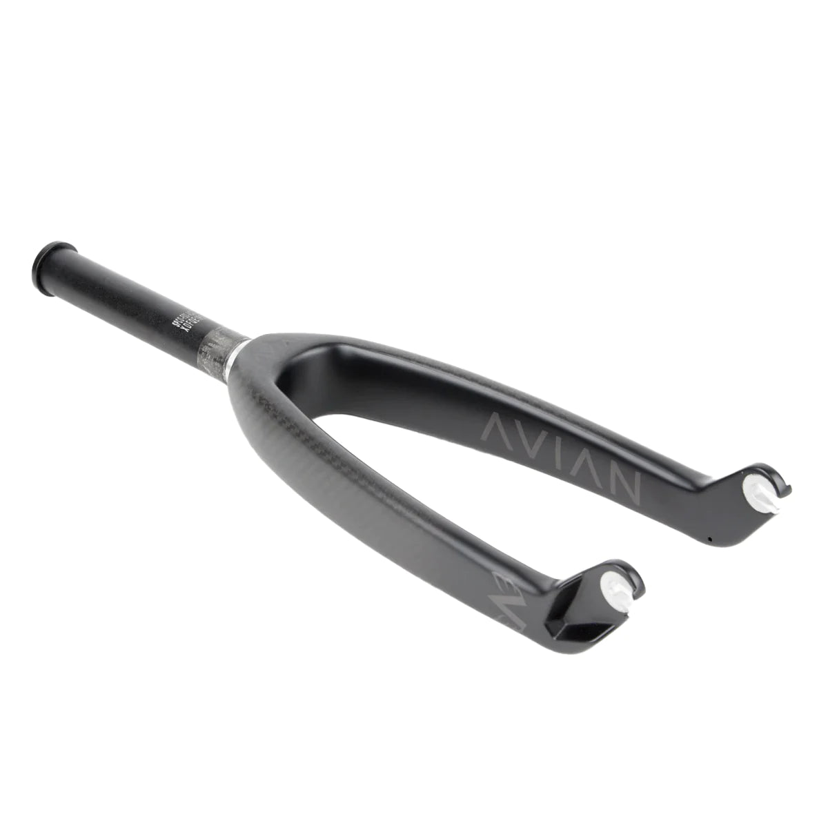 The Avian Versus Pro Carbon Fork 20 Inch, designed in black and branded with "Avian," is a sleek addition to BMX racing frames. Featuring a tapered carbon tube and dropouts for wheel attachment, it serves as an ideal carbon race fork for competitive cyclists.