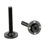 Two black bolts, one standing upright showcasing its threaded shaft and circular base, and the other lying down revealing a hexagonal head with branding marks. These sleek stainless steel Avian Versus Bolts and Top Caps are perfect for securing Avian Versus forks in place.