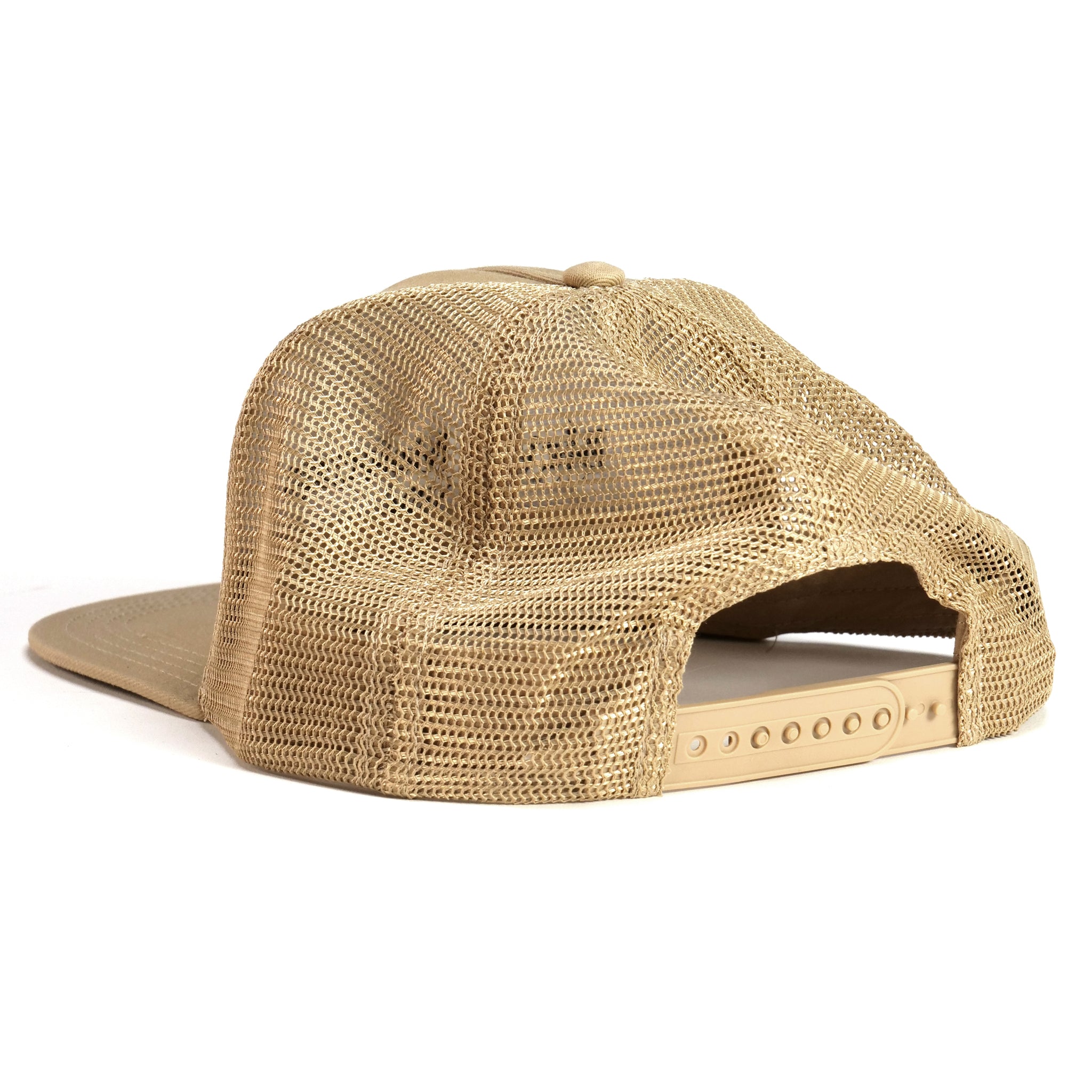 The LUXBMX Bicycle Motocross Trucker Cap in khaki, ideal for BMX enthusiasts, viewed from the back with its adjustable snap closure.