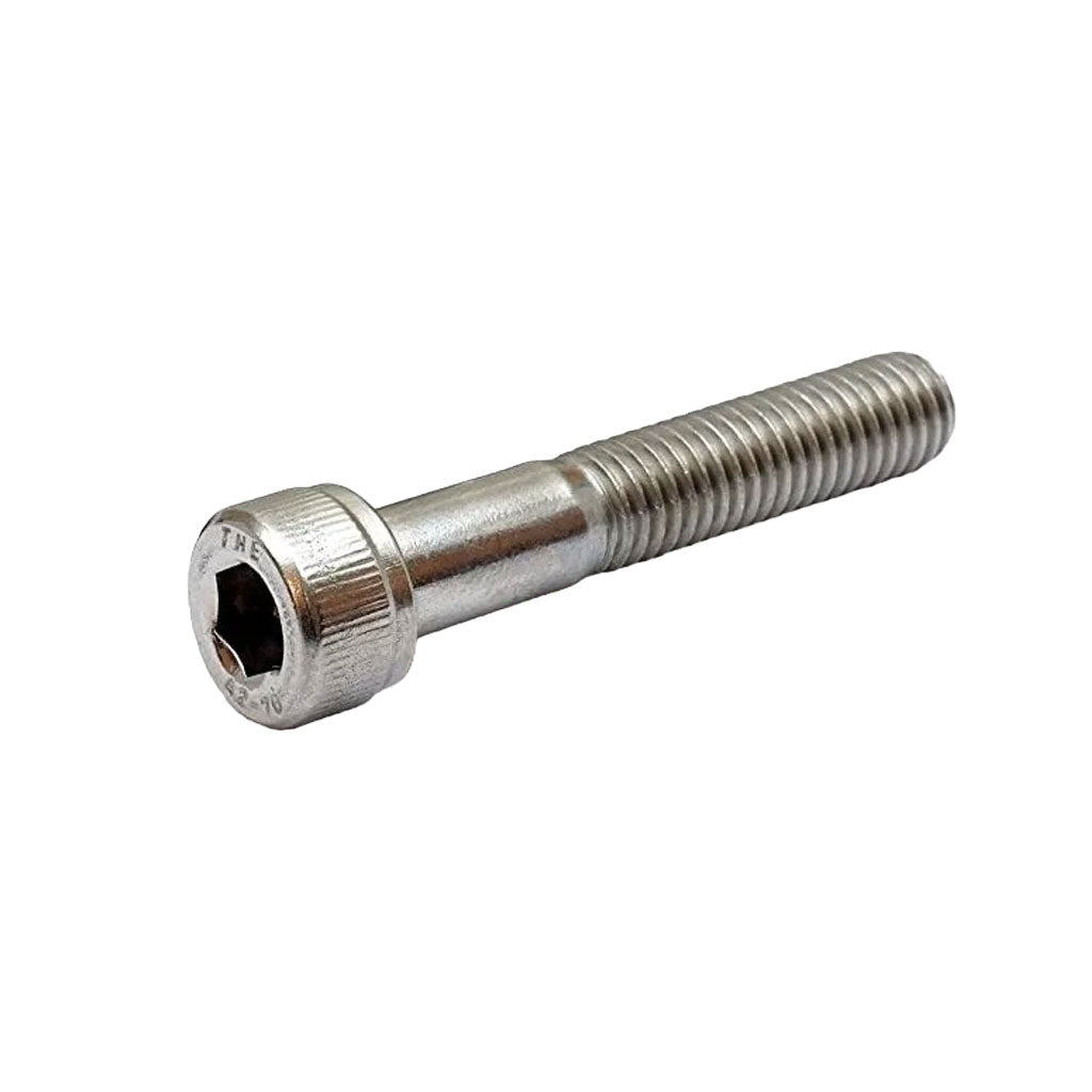 A Flat Mount Disc Caliper Bolt (M5 x 45mm) made of stainless steel resting on a white surface.