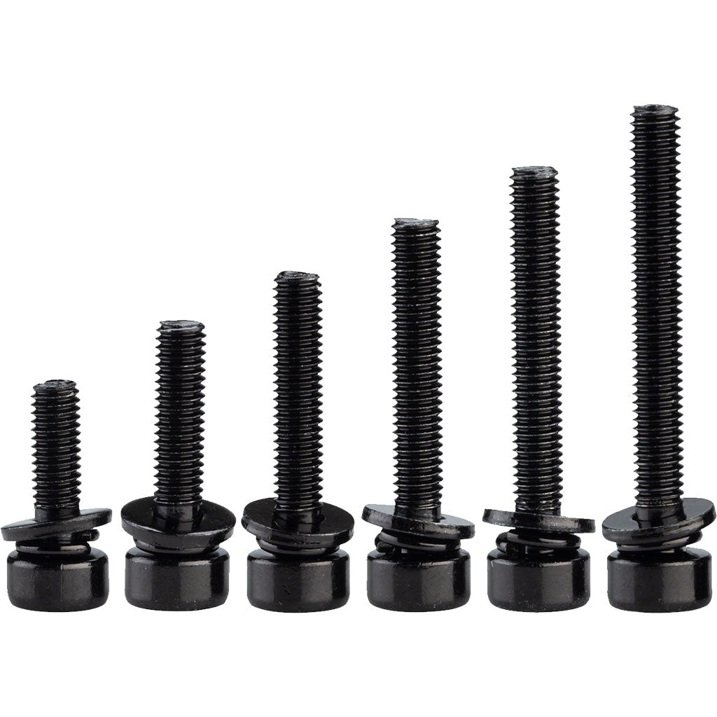 Six PROMAX M5 Disc Brake Caliper Mounting Bolts, black and of varying lengths, stand upright in a row on a white background.