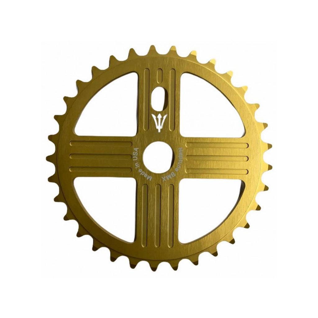 The MCS Neptune Helm Chainwheel features a gold-colored bicycle chainring with a cutout design, sporting 42 teeth and the inscription "Made in USA.