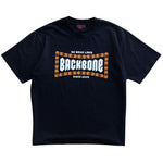 The Backbone No Weak Links T-Shirt is a black, heavyweight cotton piece with a chain graphic and the words "No Weak Links, Backbone, Since 2005" in bold orange and white. It features a boxy fit and is artfully displayed flat on concrete.