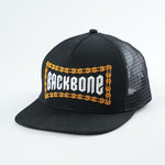 Epic hats collection presents the Backbone No Weak Links Trucker Hat, a black mesh cap with a "BACKBONE" patch and vibrant orange chain design on the front.