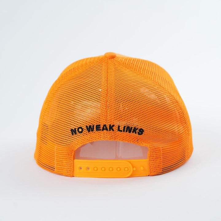 The Backbone No Weak Links Trucker Hat, in vibrant orange mesh and displaying "NO WEAK LINKS" on the back, is a standout piece for any epic hat collection.