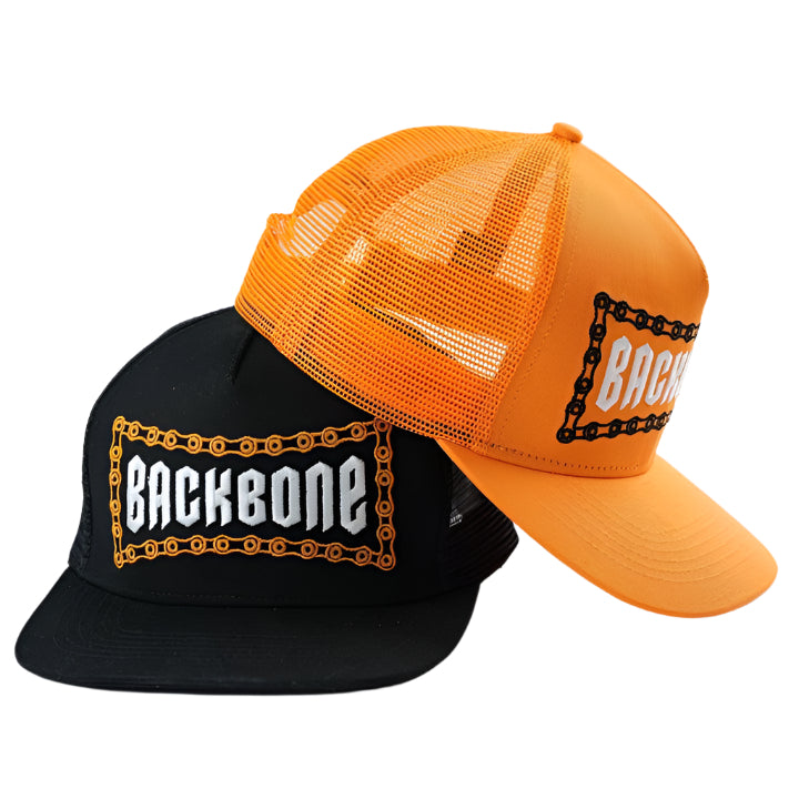 The Backbone No Weak Links Trucker Hat comes in black and orange, each displaying "BACKBONE" and a chain graphic on the front panels, showcasing the rugged style of a classic trucker cap.