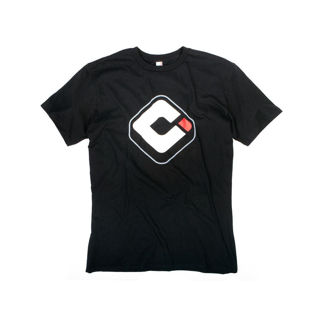 Meet the ODI Icon T-Shirt: A black tee featuring a geometric logo with a stylized "C" and bold red square, inspired by BMX culture.