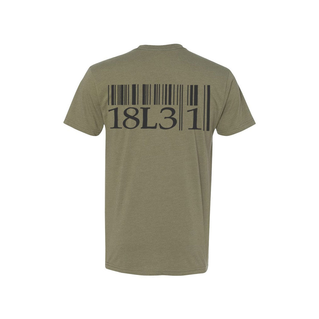 The Terrible One Barcode T-Shirt in olive green showcases a sleek black barcode design and bold "18L3I" text on the back, perfect for unleashing your inner beast.