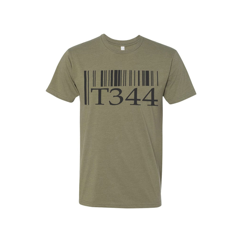 Olive green Terrible One Barcode T-Shirt featuring a bold black barcode design above the text "T1" on the front.