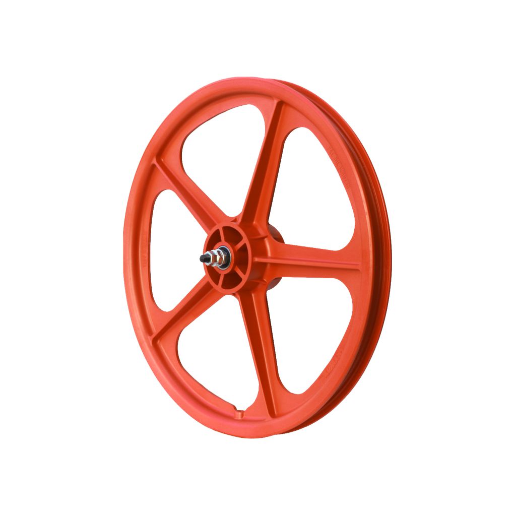 Image of a Skyway Tuff II 5 Spoke Rear Wheel in red against a white background, showcasing an old-school design with sealed bearing axles.