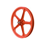 Image of a Skyway Tuff II 5 Spoke Rear Wheel in red against a white background, showcasing an old-school design with sealed bearing axles.