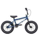 A side view of the Kink Pump 14 Inch Bike (2026) showcases a small blue BMX with black handlebars, thick black tires, and a black seat.