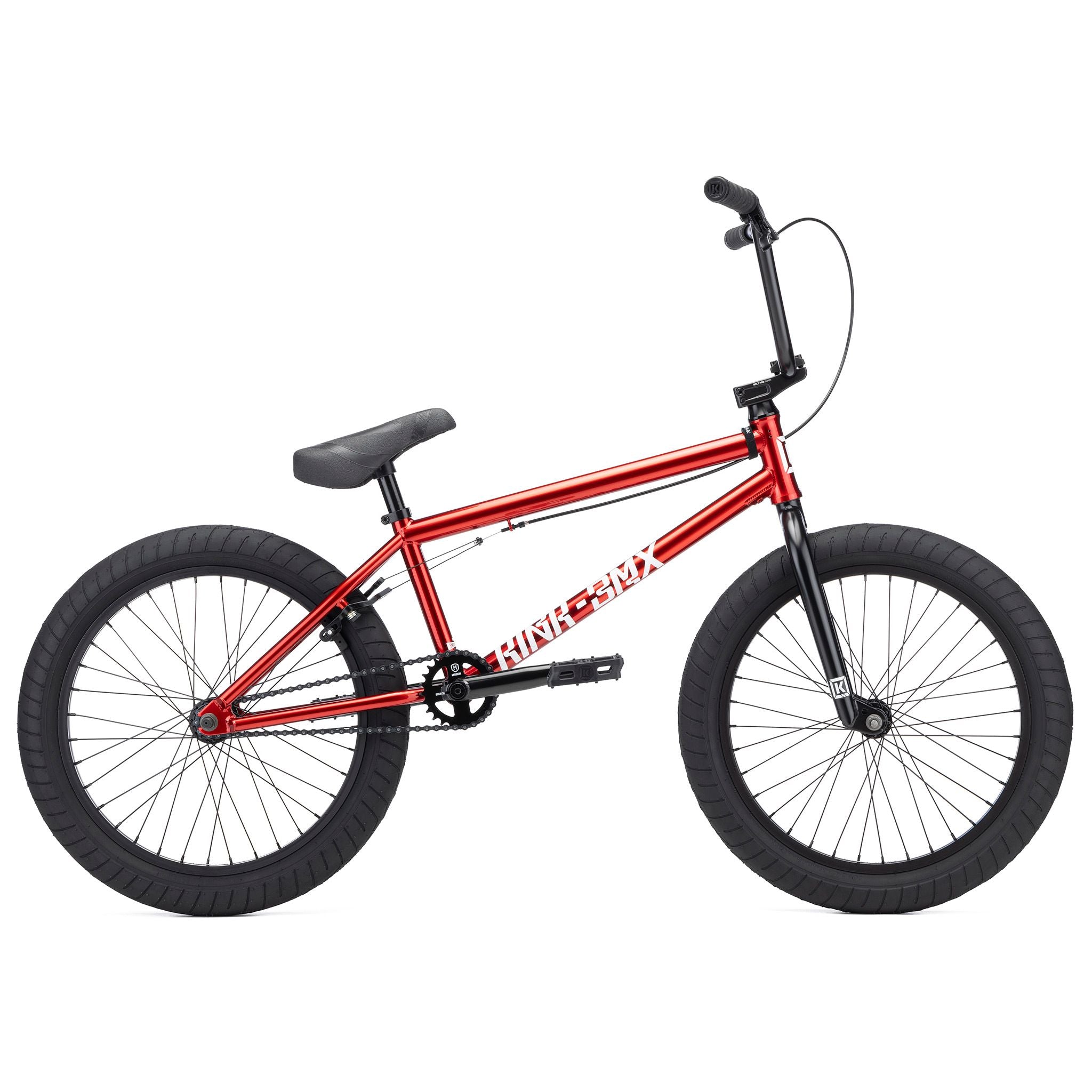 The Kink Launch 20 Inch Bike (2026) comes in red with black tires and seat, featuring "KINK BMX" on the frame. Fitted with Mission parts, it's ideal for enthusiasts seeking style and performance.