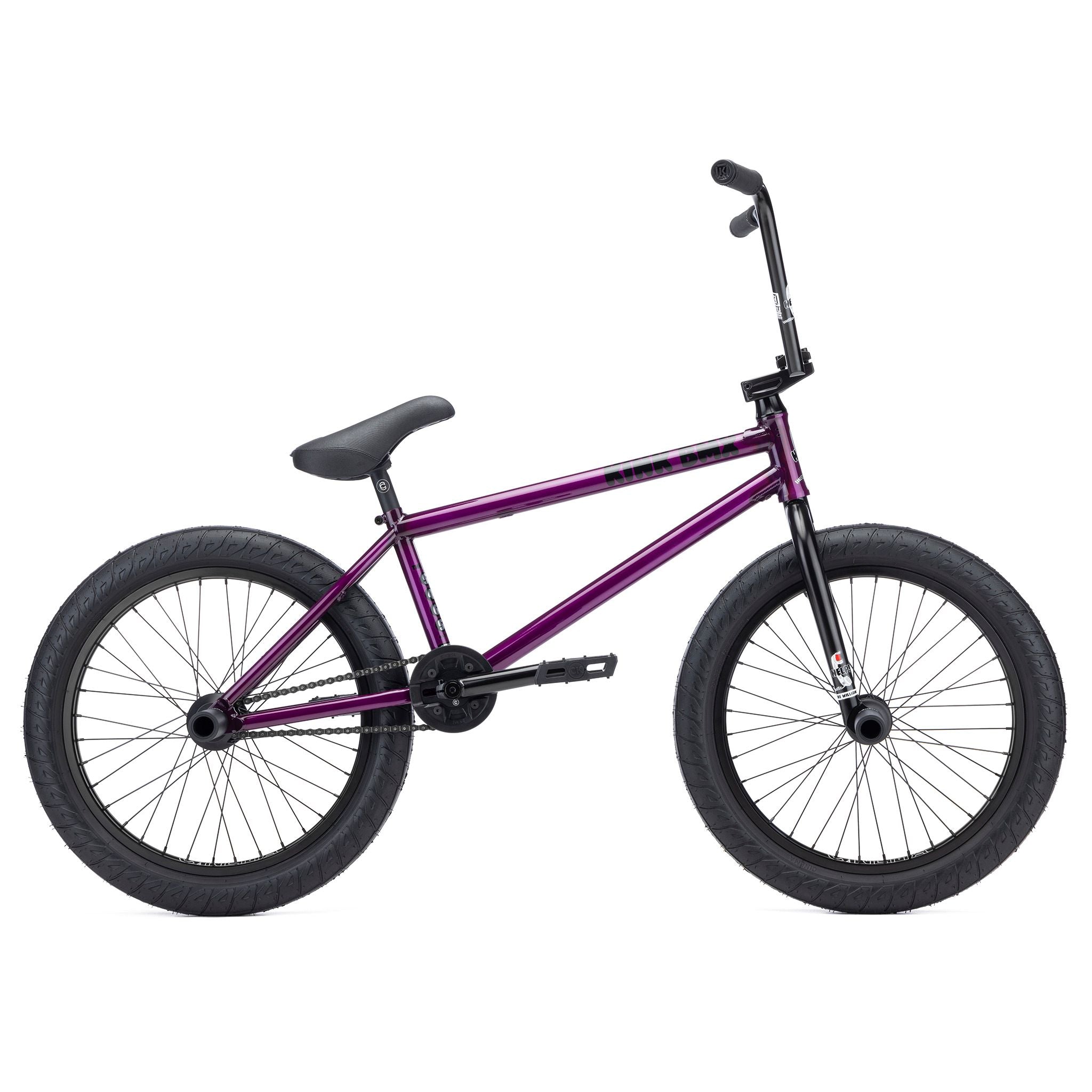 The Kink Williams 20 Inch Bike (2026) is a purple BMX with full Chromoly construction, a black seat, handlebars, and pedals, showcased on a white background.