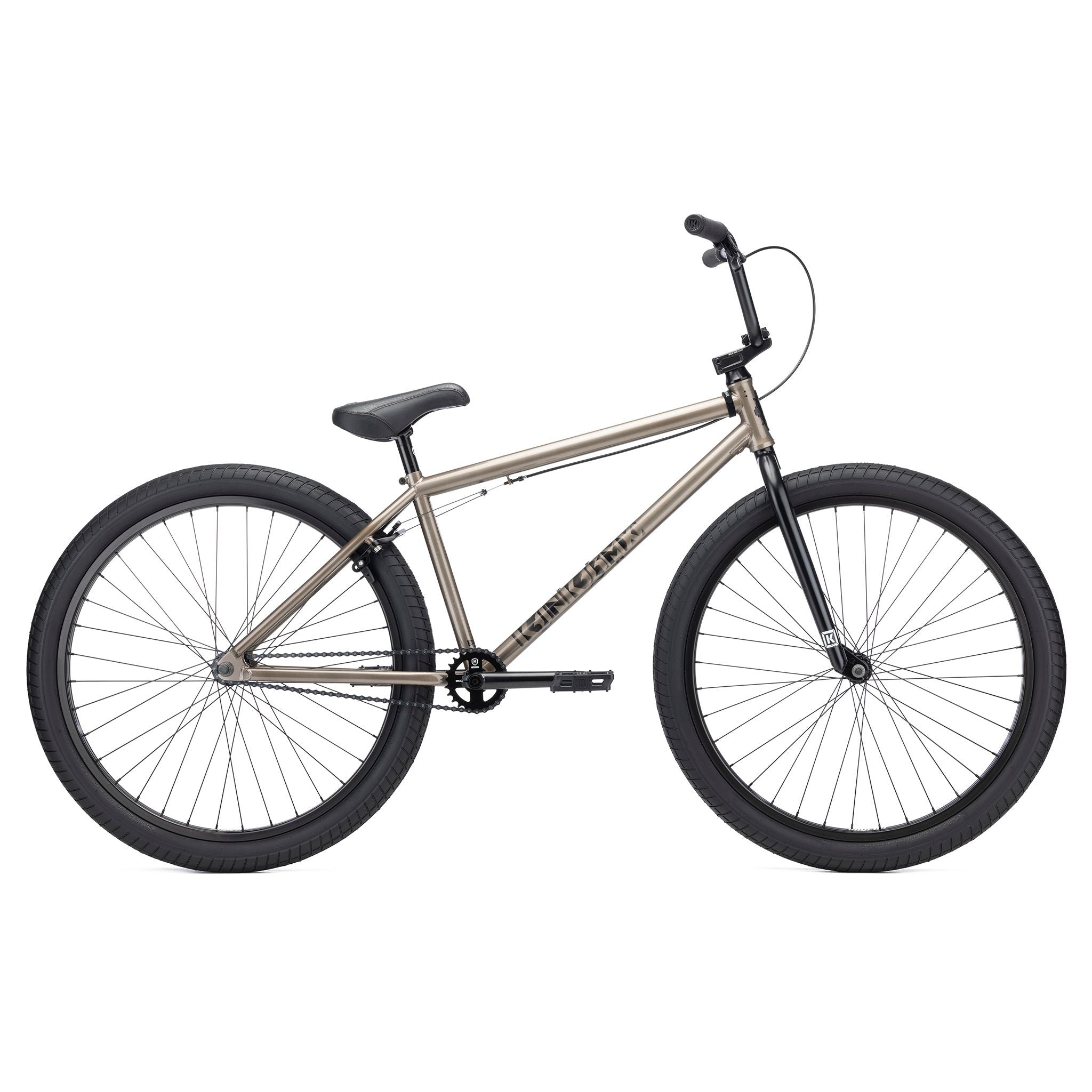 The Kink Drifter 26 Inch Bike (2026) with a sleek chromoly frame, black wheels, and handlebars is showcased from the side against a pristine white backdrop.