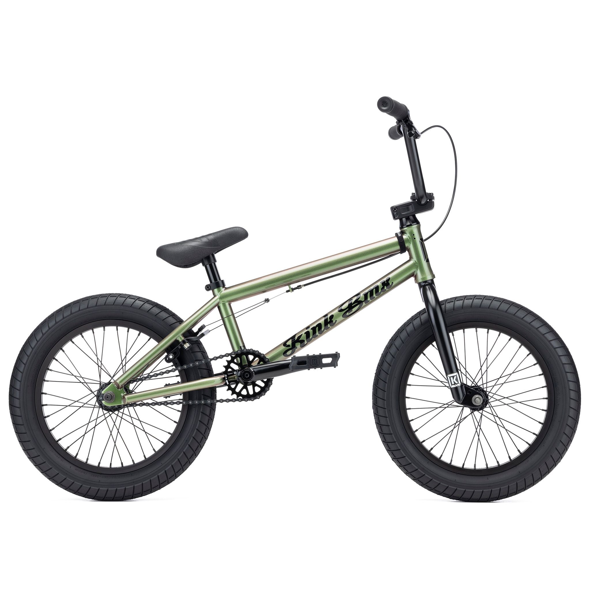 The Kink Carve 16 Inch Bike (2026) features a vibrant green finish, thick black tires, a sleek black seat, and sturdy handlebars. With its reinforced frame and reliable chain drive system, it's ideal for thrill-seekers.