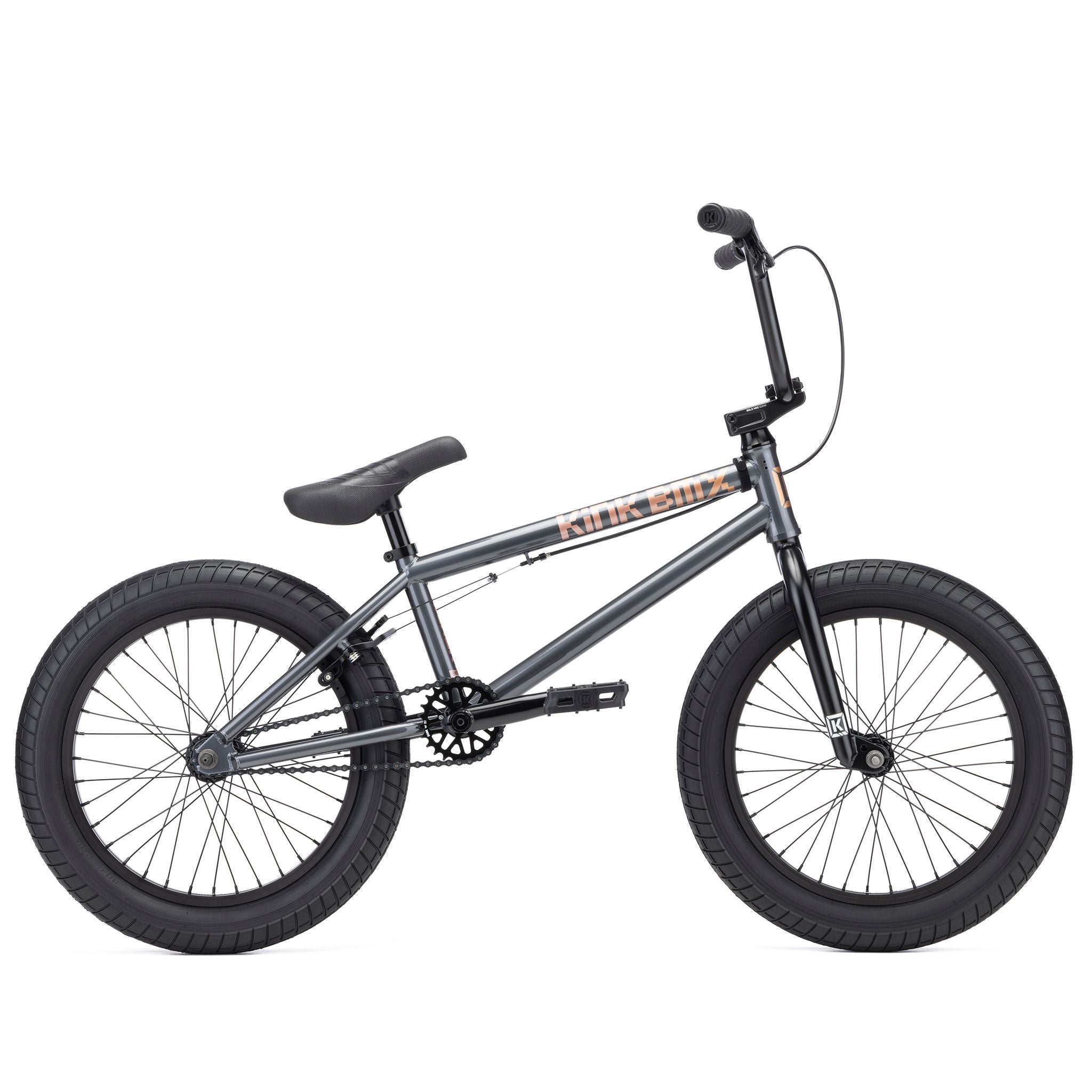 The Kink Kicker 18 Inch Bike (2026) features a sturdy gray frame, wide black tires, and a comfy padded seat. Perfect for freestyle enthusiasts, it comes with grippy handlebars and pedal pegs on each side for daring tricks.